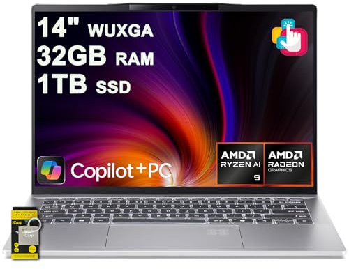 acer Swift 14 AI Ordinateur portable 14 WUXGA Écran tactile mat AMD 10 cœurs Ryzen AI 9 365 (jusqu'à 50 NPU – jusqu'à 73 GPU) 32 Go de RAM 1 To SSD pour Creator Business Work Win11 ICP Hub/Copilot+