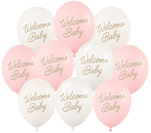 Set 10 Luftballons Welcome Baby Mädchen pastell Ballons Pink Rosa Babyparty Geburt Willkommen Baby Luftballon Made in EU, Helium geeignet