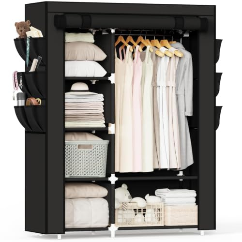 Mavivegue Fabric Wardrobe, 45 x 107 x 161 cm Portable Wardrobe | Foldable Closets with 6 Side Pockets, Black Closet for Bedroom,Living Room & Dorm