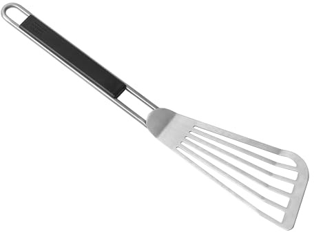 Kuhn Rikon Stainless Steel Spatula with Metal Edge, Slotted Turner for Uncoated Pans and Grill, Thin Angled Head, Long Handle, Hanging Loop - Essential Spatula