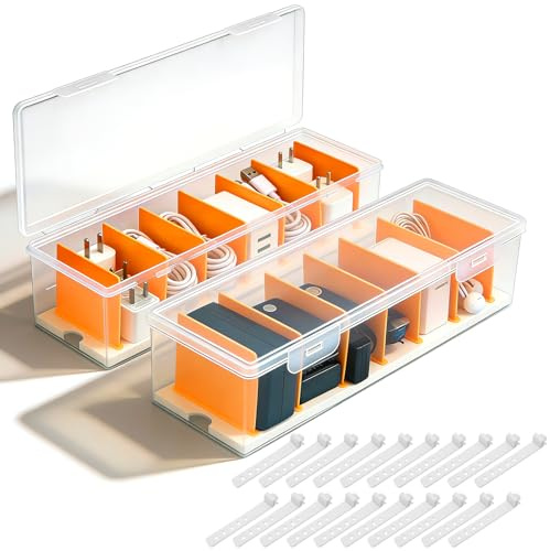 MFUSUL 2 Stück Kabel Aufbewahrungsbox, Kabel SortierenTransparent, Kabelmanagement Box mit 7 Verstellbare Fächern und 20 Kabelbinder, für Büro,Zuhause,Schreibtisch