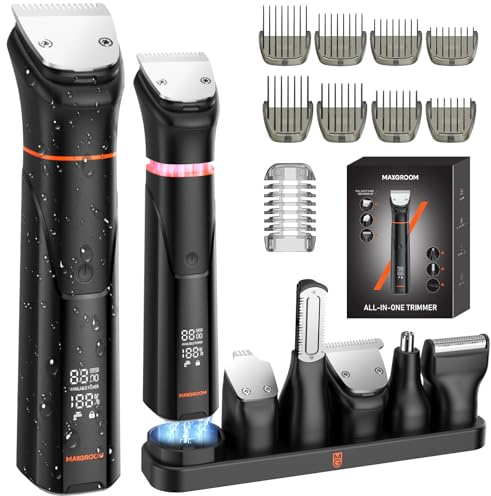 MAXGROOM 6 in 1 Beard Trimmer for Men, Waterproof Cordless Electric Razor Shaver, Men's Grooming Kit for Mustache, Hair, Face, Nose and Body, USB Recharge Dock - Black