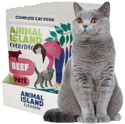 Animal Island Vollnahrung Nassfutter für Erwachsene Katzen Pastete mit Rind und Huhn in Rinderbrühe Cremige Textur Portionsbeutel, 12 x 85g