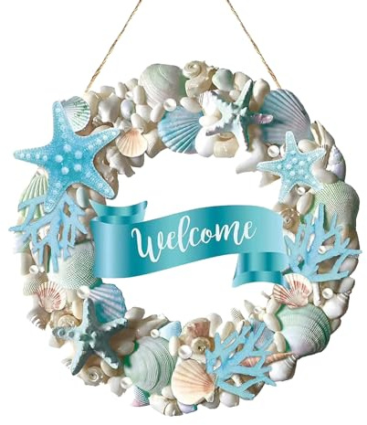 Coastal Welcome Door - Wooden 2D Beach Wreath Blue Seashell Starfish Decor Front Door Wall Hanger 11.8Inch | Nautical Porch Window Bedroom Hallway Clubhouse Reunion Decoration Long Lasting