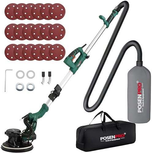 POSENPRO 810W Drywall Sander, Electric Wall Sander with Vacuum and LED | Popcorn Ceiling Removal Tool, 5 Variable Speed 500-2100RPM, 18x Sanding Discs, Foldable & Extendable Handle