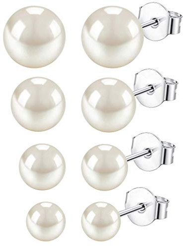 Finrezio 4 Paare Perlenohrringe Silber 925 Damen Ohrstecker Set Weiße Perlenohrstecker für Damen Mädchen Süßwasser-Zuchtperlen Ohrringe 7-10MM
