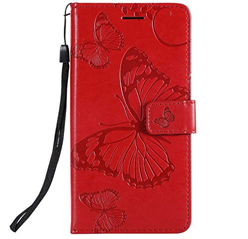 DENDICO Coque pour Huawei P20 Lite, Papillon Imprimé PU en Cuir Coque Magnétique Portefeuille TPU Étui Housse pour Huawei P20 Lite - Rouge