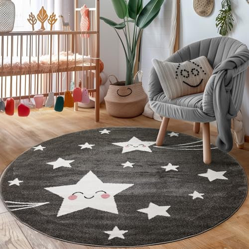 Carpettex Kinderteppich süße Stern Design Grau 160 cm Rund - Kurzflor Teppich Kinderzimmer für Mädchen und Jungen Pflegeleicht Weich - Waschbarer Spielteppich Babyteppich Gaming Teppich Babyzimmer