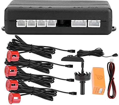 Hlyjoon PDC Einparkhilfe 12V DC Auto Rückfahrwarner Einparkhilfe Kfz PDC Einparkassistent Einparksystem mit 4 Parksensoren Digitaler Farbiger LED Anzeige(Rot)