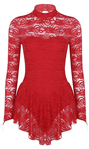 iEFiEL Damen Ballettkleid Rollkragen Spitzen Eiskunstlauf Kleid Tanzkleid Langarm Ballettanzug Trikot Body Wettkampf Sportkleid Rot M