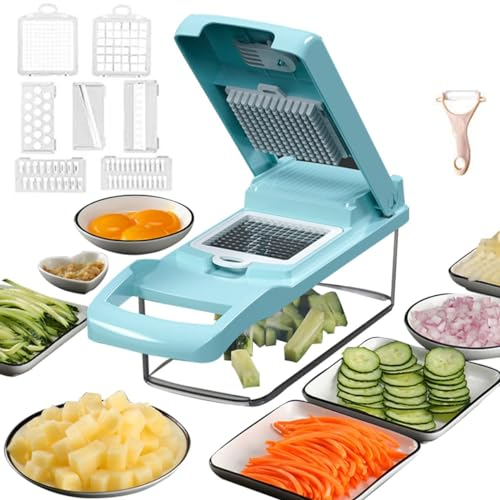 Alrens 12 in 1 Kitchenaid Gemüseschneider, Multifunktions Mandoline Gemüsehobel mit Edelstahl Klingen, Zwiebel Zerkleinerer, Obstschneider Zwiebelschneider für Hobeln von Obst und Gemüse, Blau