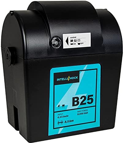 IntelliShock B25 Électrificateur de clôture électrique duale 9V/12V/230V, puissance de 0,33 J, tension de 9 000 V, longueur de clôture pouvant atteindre 5 km, chevaux, le bétail, les chiens, volaille