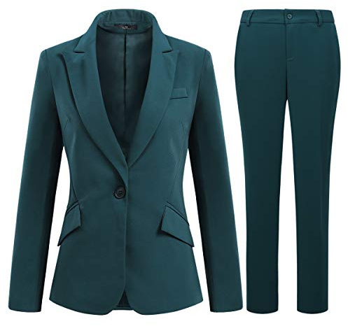 YFFUSHI Women 2-Piece Trouser-Suit Jacket Ladies Formal Office Business Blazer Coat,Green,XXL
