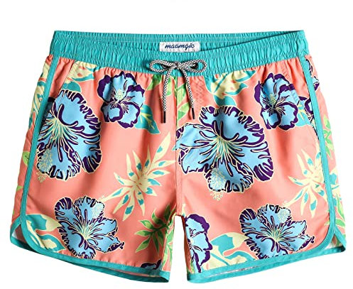 Costume Uomo Mare Vintage Asciugatura Rapida Costume da Bagno Pantaloncini Corto Swim Trunks con Fodera Rete e 3 Tasche Fiore di Ibisco Blu Rosa XL
