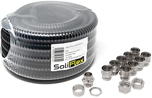 Outdoor Flexible Metal Cable Trunking | Galvanised PVC Coated Conduit Contractor Pack (IP54) 10M Coil - Underground Burial, Garden Electrical Ducting. Complete w/Fittings - 10 Glands and Locknuts