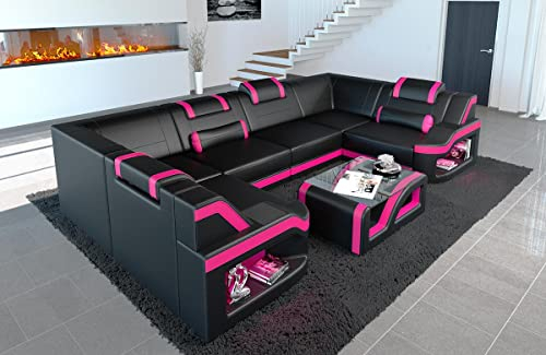 Sofa Wohnlandschaft Padua Ledersofa U Form - mit LED Beleuchtung, verstellbare Kopfstützen/Lederfarben wählbar (Schwarz-Pink)