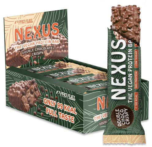 Protein Riegel Vegan DOUBLE CHOCO CRISPY 24x NEXUS Protein Bar - unglaublich lecker & cremig - 30% Protein - nur 99 kcal - ohne Zucker-Zusatz - high Fiber - perfekt als Protein Snack - 24x30g