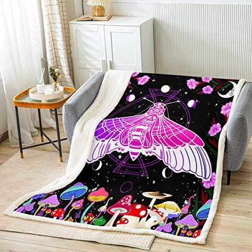 Loussiesd Todesmotte Decke 150x200cm MushZimmer Kuscheldecke für Sofa Sonne MondPhase Wohndecke Mysterious Bunt Plants Schlafzimmer Dekor Flanell Fleecedecke