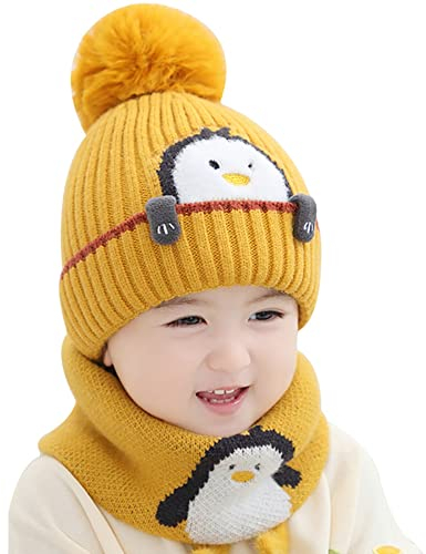 Katutude Kinder Wintermütze, Baby Winter Warm Schal Mütze Hals Wärmer Niedliche Cartoons Tier Pinguin Hüte Schalmütze Strickmütze mit Bommel für Jungen Mädchen 1-4 Jahre