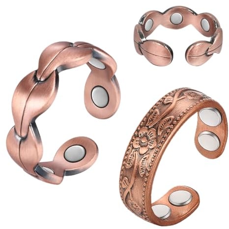 Vicmag 2PCS Copper Rings for Women Ultra Strength Magnetic 99.99% Solid Pure Copper Adjustable with Gift Box (2 pcs Leaf & Flower)