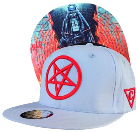 Capiche [99+ Designs] Grauer Snapback Hut für Männer, Cursed Nun, Herren Mütze Winter, Keppie Herren, Cap Herren Gerader Schirm, Horrorfilme, Psycho, Gruselige Baseballkappe, Rotes Pentagramm Logo