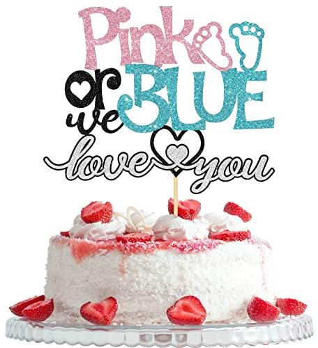 Pink or Blue We Love You Cake Topper, Boy or Girl Gender Reveal Party Decorations, Kids Boys Girls Birthday - Baby Shower Theme Party Cake Decors, Pink &Silver Glitter