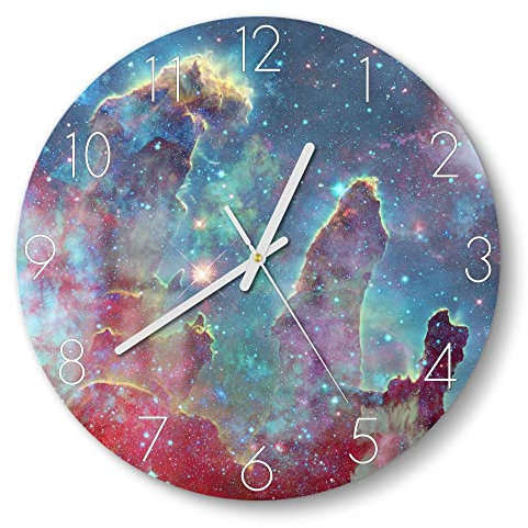 DEQORI Glasuhr | rund Ø 30 cm | Motiv NASA Nebula Realaufnahme | ausgefallene leise Design Uhr aus Glas | Wanduhr für Wohnzimmer & Küche | moderne Hingucker Uhr für die Wand