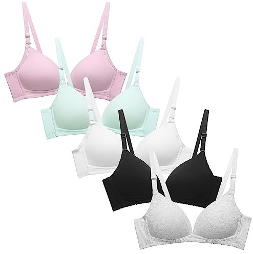 Happy Cherry - 3/4/5/6 Pieces Young Girls Underwear Bras Cotton Sports Athletic Bra Wire Free Bralette Light Padded Crop Top No Steel Ring with Adjustable Strap Kid to Teen for 12-18 Years White Blue