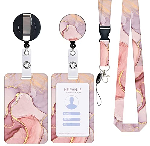 Zemolo Porte Badge de Carte d'Identification avec Cordon Tour de Cou, Porte-cartes Swivel Lobster Clasp avec Lanières Rétractables pour Cartes d'étudiant d'infirmière Clés Caméra Marbre Rose