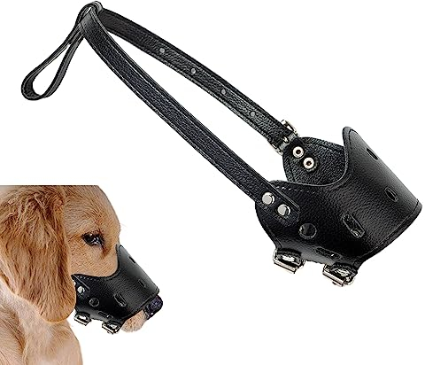 Maulkorb für Hunde, Leder Hunde Maulkorb, Verstellbare, Atmungsaktiv, Sicherer, Schneller Sitz Für Kleine, Mittelgroße Hunde, Verhindert Das Beißen, Kauen Und Bellen (M, schwarz)