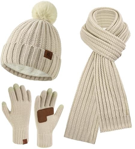 Damen Winter Warm Mütze Lang Schal Touchscreen Handschuhe Set, Wintermütze Beanie Strickmütze mit Bommel Schals Rutschfeste Winterhandschuhe mit Fleece Gefütterte Geschenk Frauen, Aprikose