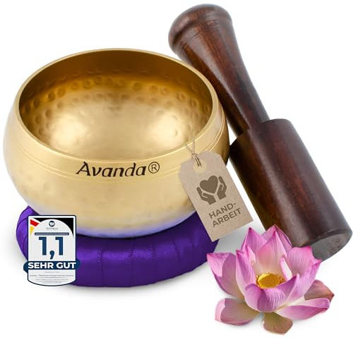 Tibetisches Klangschale-Set für Yoga, Meditation und Entspannung - Gehämmerte tibetische Klangschale Ø 8 cm, Mangoholz-Schlägel und Ring-Kissen Lila