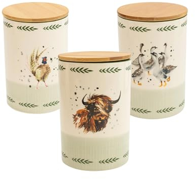 Home Deco London Rustic Country Kitchen Range Rustic Farmhouse Countertop Decor, Country Kitchen, Fox, Geese, Highland Cow & Pheasant (Tea, Coffee & Sugar Storage)