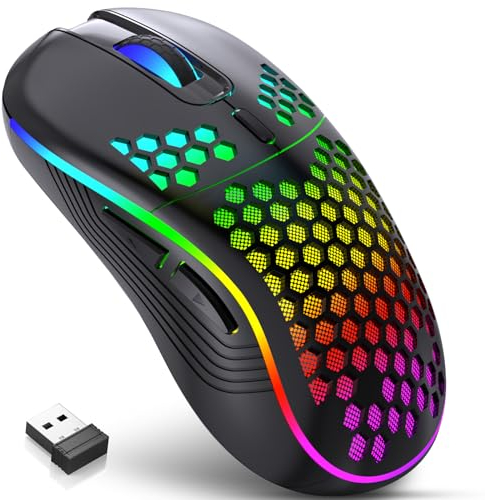 Souris de Jeu sans Fil, Souris d'ordinateur Rechargeable, Souris Ergonomique au Design en nid d'abeille avec rétroéclairage RVB, récepteur USB, Souris sans Fil pour PC/Mac/Ordinateur Portable (Noir)
