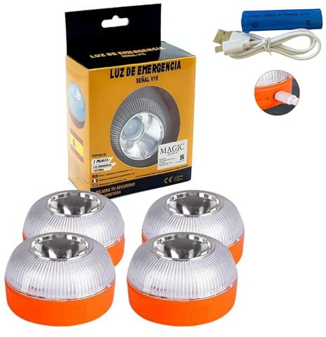 MAGIC SELECT 4X Luz de Emergencia V16 para Señalización en Carretera de Coche y Moto. Luz Intermitente y Fija con Encendido Automático, Base Imantada, Batería Recargable.