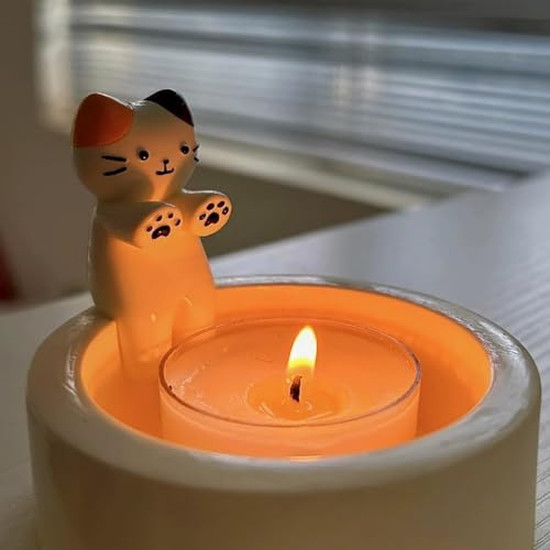 Kerzenhalter Katze Wärmt Pfoten Teelichthalter Katze Wärmt Sich Pfoten Süß Candle Holder Kerzenständer Keramik Katzendesign Tischdeko Haus Deko (A)