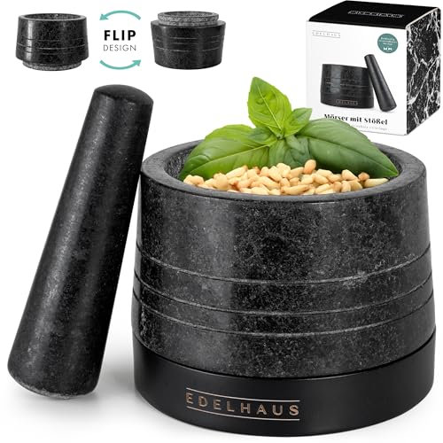 EDELHAUS Mörser mit Stößel Granit [14cm Ø] Edles Design mit stabiler Akazienholzbasis und zwei Mörserflächen. Natürliches Granit ideal für Gewürze, Nüsse, Kräuter und Pesto. Robust und langlebig
