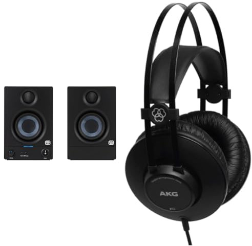 PreSonus Eris 3.5 Gen 2 — Altoparlanti desktop alimentati da 3,5 pollici per multimedia, giochi, produzione musicale di qualità da studio, potenza 50W & AKG K52 Closed Back Cuffie, Nero