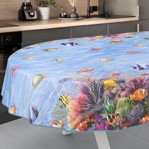 Wachstuch-Tischdecke Tischdecke abwaschbar Wachstuch Garten-Tischdecke Outdoor Indoor Oval 240x140cm mit Saum Aquarium