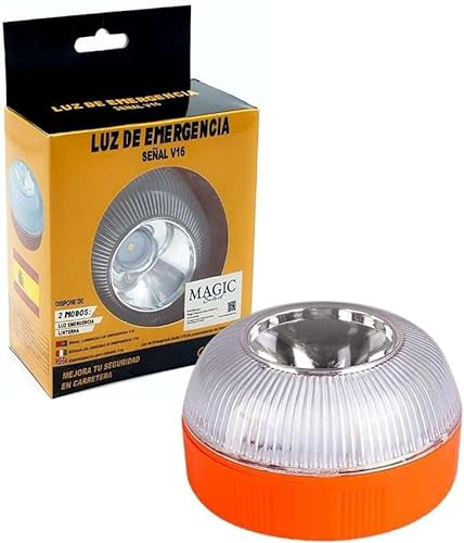 MAGIC SELECT Luce di Emergenza V16, Omologata DGT per Segnaletica Stradale di Auto e Moto. Luce Gialla Lampeggiante e Bianca Fissa con Accensione Automatica, Base Magnetica e Batteria Ricaricabile.…