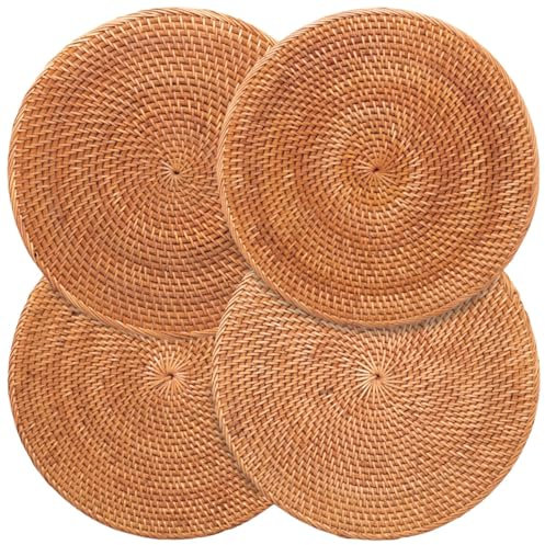 Decvel Rattan-Tischsets, rund, 33 cm, Honigbraun, rund, gewebte Tischsets, Platzsets für Speiseteller, Boho-Tischsets, Weiden-Tischsets, 4 Stück