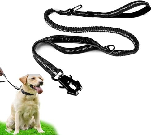 Tactical Dog Lead,4.5-6.2FT Shock Absorbing Anti pull dog lead Reflective,No Pull Strong Dog Leads with 2 Handles and Carabiner Clip,Metal Carabiner Clip Car Seat Belt for Medium Large Dogs