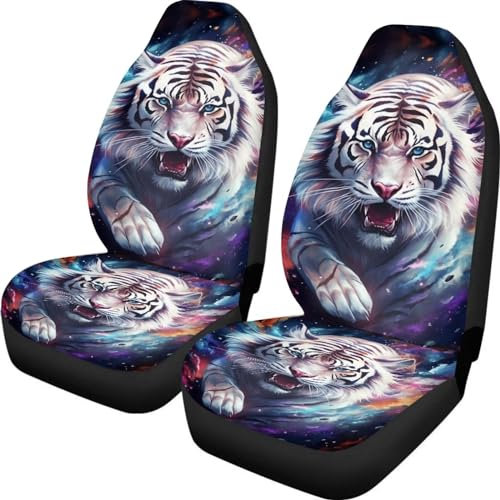 Showudesigns Galaxy Tiger Autositzbezüge für vorne, komplettes Set mit 2 Satteldecken, Schonbezüge für Auto, SUV, Van, Saden, buntes Sternen-Tier-Autozubehör