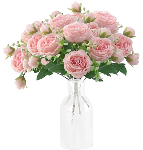 Oenothera 4 Bündel Künstliche Blumen Wie Echt, Unechte Blumen Deko Künstlich Pfingstrose Gefälschte Seide, Künstliche Blumen für Hochzeit Zuhause Tischparty Fensterdekoration (Rosa)