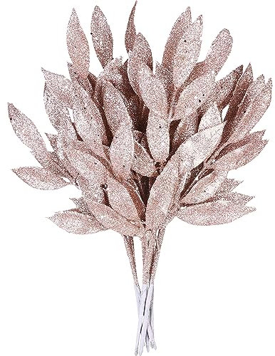 Sea Team 6-Pack Artificial Glitter Leaf Ornaments, Decorative Sticks, Glittery Twigs, Stems, Picks, Branches for Christmas Tree, Wreath, Vase Fillers for Centerpieces, Home Décor, Rose Gold