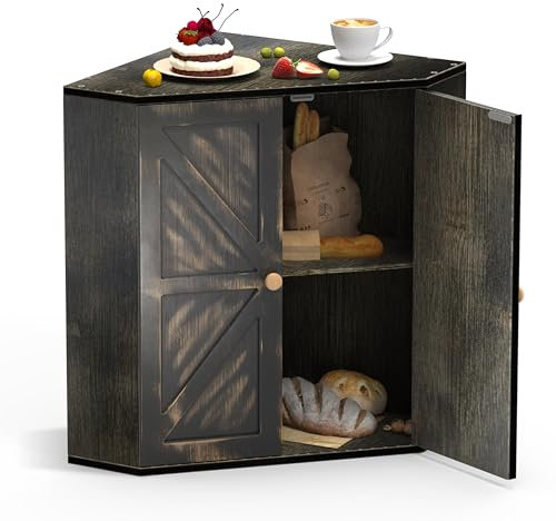 VEDECASA Panera de bambú, 2 estantes, para cocina, esquina, panera para pan y pasteles, caja grande de pan de bambú, 43 x 28,2 x 42 cm, color negro antiguo