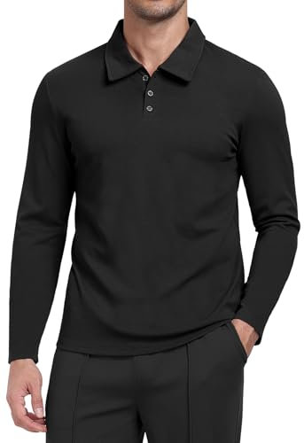 MLANM Men's Polo Shirts Long Sleeve Lightweight Breathable Shirts Athletic Outdoor Top with 3 Boutons M Black