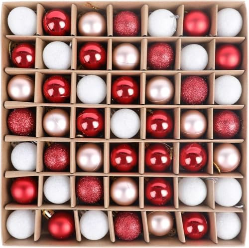 DERAYEE Palline di Natale rosse, bianche, oro rosa,decorazione natalizia per interni, kit kecoration albero di Natale, set di 49 palline di Natale per albero, palla di Natale