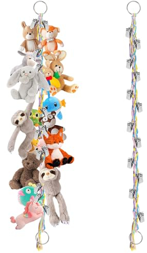 Mezrkuwr Porte-jouets en peluche coloré à suspendre avec 20 pinces en métal, chaîne d'organisation bohème, décoration de chambre d'enfant, pour accrocher des chapeaux, des chaussettes, des cartes de