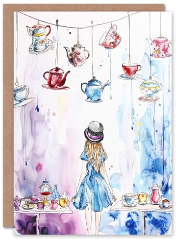 Artery8 Greeting Card Alice Wonderland Mad Hatter Tea Party Watercolour For Child Kids Birthday Card